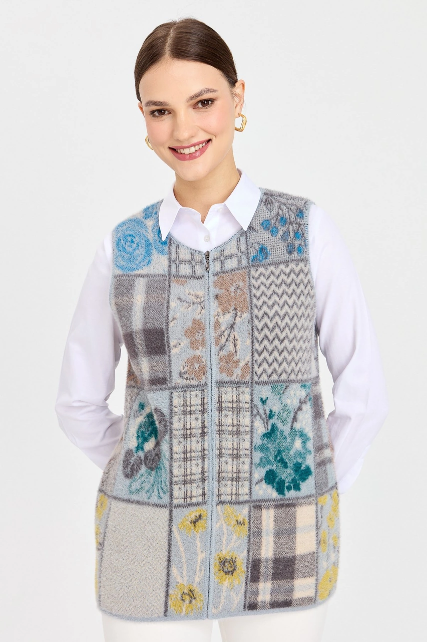 Desen Triko Kadın Sıfır Yaka Patchwork Yelek A.mavi A.mavi