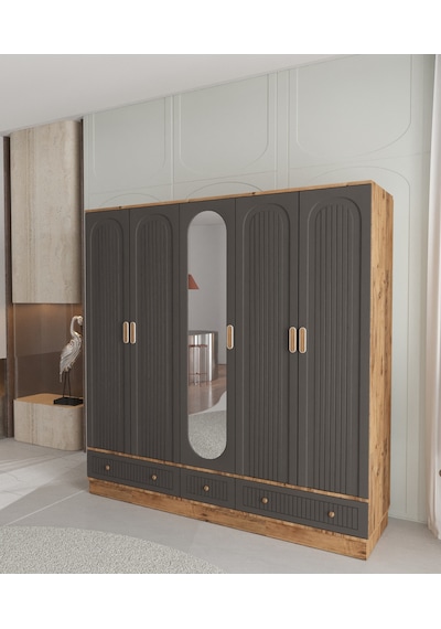Mila 5 Kapaklı Çekmeceli Bazalı Gardırop - Tamamı Mdf Antrasit