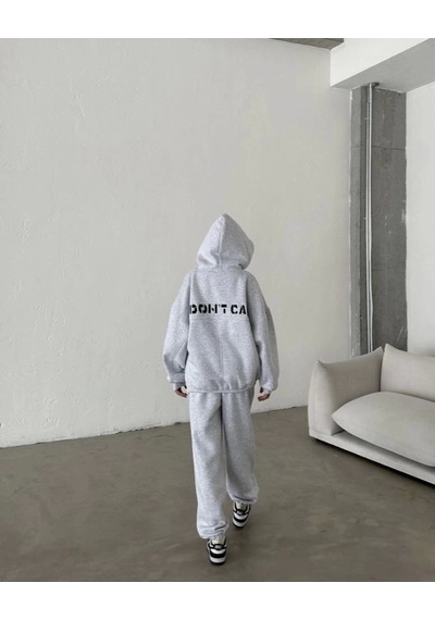 Defymoda Nakış İşlemeli Üç İplik Sweat Takım- Gri Gri