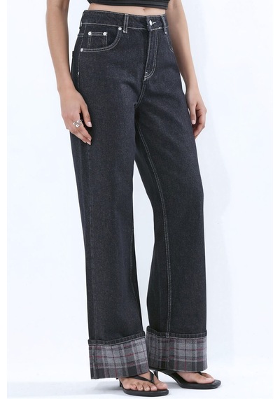Hiccup Paça Ekose Detaylı Yüksek Bel Wide Leg Jeans Siyah