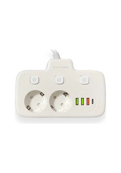 Akım Korumalı 2 Li Ayrı Anahtarlı Priz, 2x Priz, 3x Usb, 1x Type-c, 2 Mt Kablo, Hızlı Şarj Standart