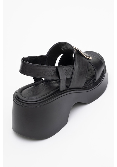 Luvishoes Lucıa Siyah Tokalı Hakiki Deri Kadın Dolgu Topuklu Sandalet Siyah
