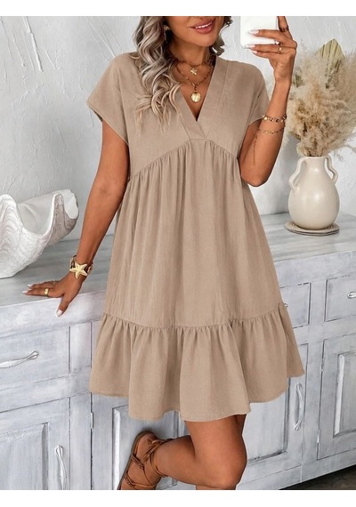 Butik İstanbul Kadın Kısa Kollu V Yakalı Fırfırlı Kısa Elbise Bej