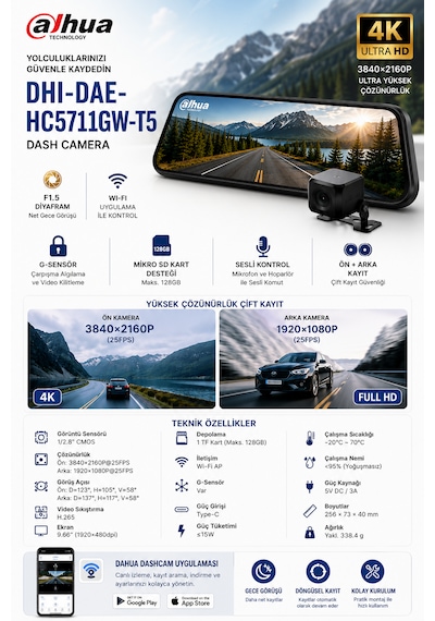 Dhı-t5 Dikiz Aynalı Araç İçi Kamera 4k Çözünürlük + Ön Ve Arka Kamera + Gps + Park Sensörü + Dokunmatik Ekran + App Kontrol