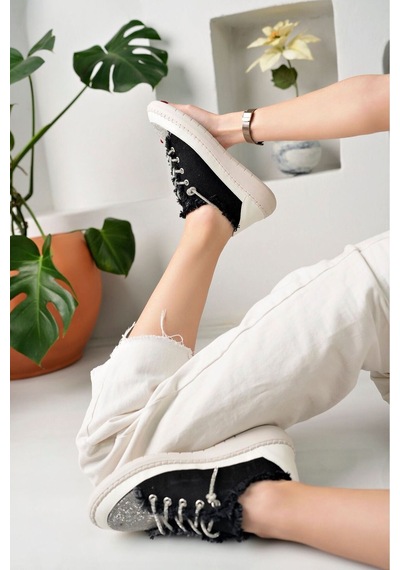 Craft Moda Neva Taşlı Düz Taban Kadın Kot Sneakers Siyah
