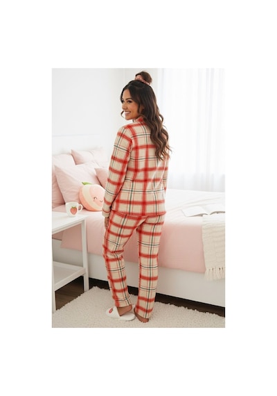 Siyah İnci Nakışlı Büyük Beden Düğmeli Örme Kışlık Polar Pijama Takım 7957 Kırmızı