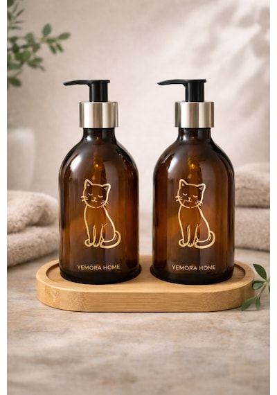 Buççin Online Mağaza Amber Cam Sabunluk Seti 2 Li Bambu Standlı Mutfak Deterjanlık Ve Banyo El Sabunluğu 500 Ml Cam Kah Çok Renkli