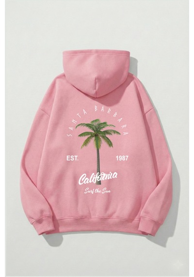 Uyguntarz Unisex Yumuşak Dokulu California Retro Baskılı Tasarım Oversize 3 İplik Hoodie Sweatshirt Pembe