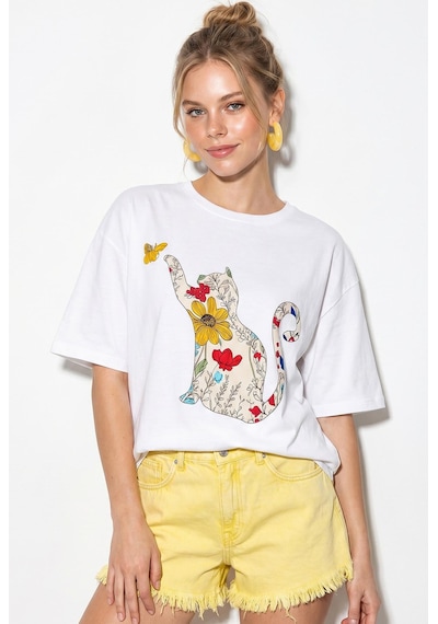 Shade Kadın Bisiklet Yaka Kedi Baskılı Oversize %100 Pamuk T-shirt Öt100006 60286274 - Beyaz