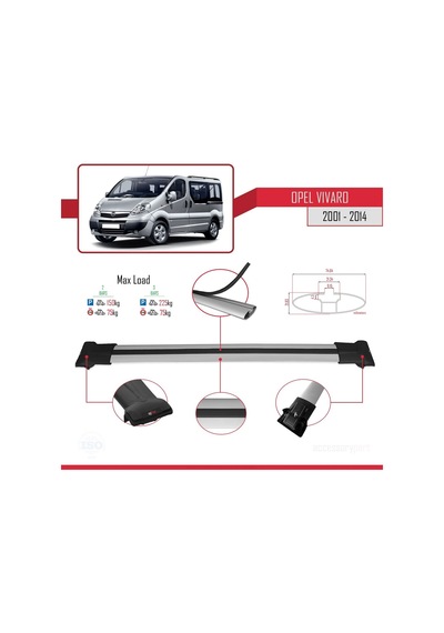 Opel Vivaro 2001-2014 Arası İle Uyumlu Fly Model Ara Atkı Tavan Barı Gri