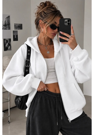 Cool Tarz Kadın Oversize Kapüşonlu Fermuarlı Sweatshirt 3 İplik Şardonlu Cepli Beyaz Beyaz Cool Tarz Kadın Oversize Kapüşonlu Fermuarlı Sweatshirt 3 İplik Şardonlu Cepli Beyaz Beyaz