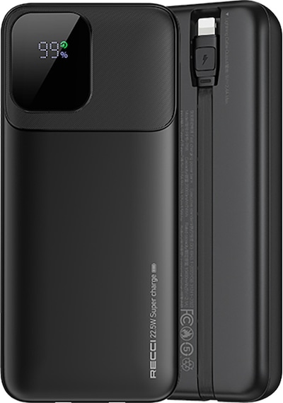 Recci Rpb-p68 Pd 20w Dijital Gösterge Type-c Ve Lightning Kablolu Powerbank 22.5w 20000mah Siyah Siyah