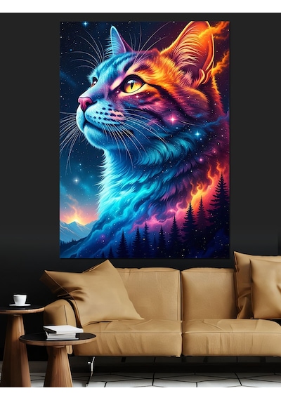 Ahşap Tablo Renkli Uzaylı Kedi Portresi