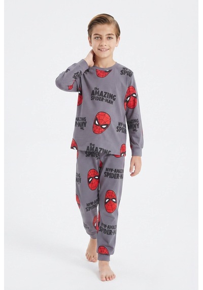 Bunny Hopp Erkek Çocuk Uzun Kollu Pijama Takımı %100 Pamuk Kırmızı Maske Desenli Penye Gri