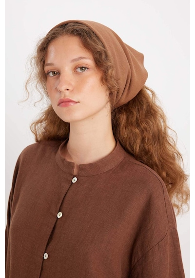 Defacto %100 Keten Regular Fit Bağcıklı Uzun Kollu Tesettür Gömlek Tunik D4394AX24HS Kahve