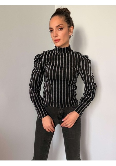 Ali Butik Siyah Simli Gümüş Çizgili Karpuz Kol Bluz Siyah