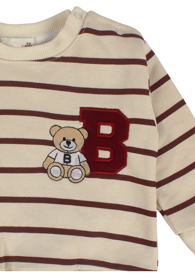 By Bebekodam Erkek Bebek Ayıcık Nakışlı Çizgili Sweatshirt Eşofman Takımı Mor