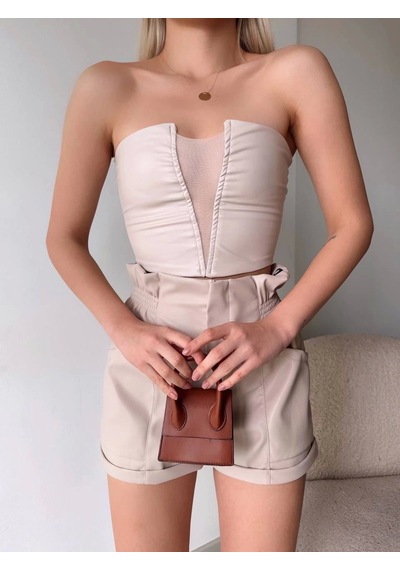 Kazax Tüllü Deri Crop Bej W24615 Bej