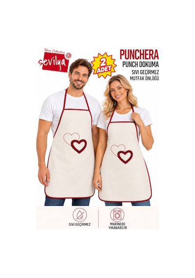 Punchera 2li Paket Punch Nakışlı Sıvı Su Geçirmez Mutfak Önlüğü Kalp