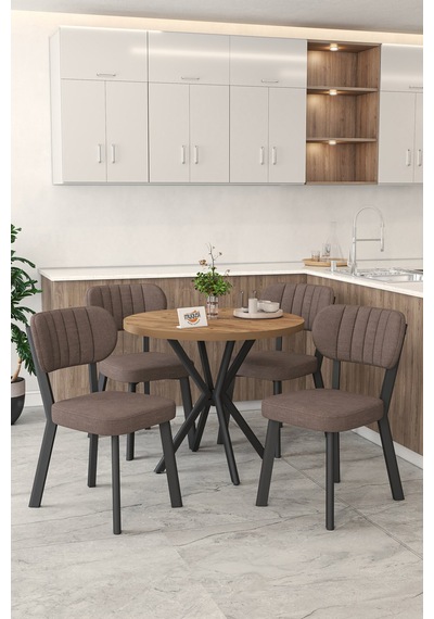 Gnr 90cm Sabit Atlantik Mutfak Masası Takımı, Yemek Masası, 4 Modern Kahverengi Sandalye Kahverengi
