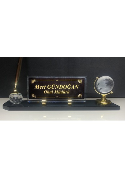 Cam Masa İsimliği Masaüstü Kişiye Özel Füme Gold Yazı Seti