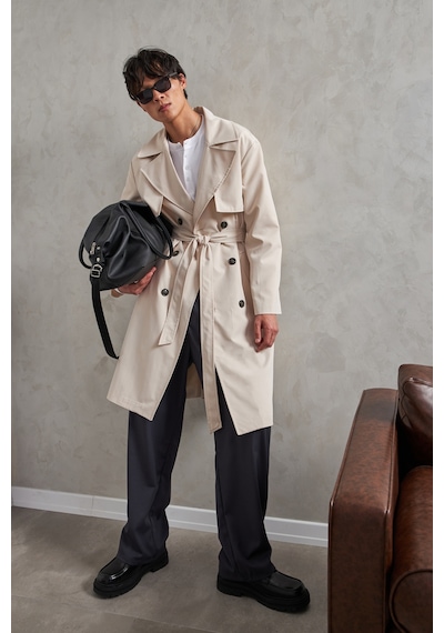 Erkek Kruvaze Yaka Oversize Trençkot Krem