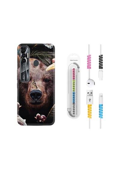 Tecno Spark 7 Pro Kılıf Kablo Koruyuculu Flowers Bear 1337
