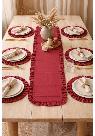 Bordo Fırfırlı Runner Ve Amerikan Servis Seti 7 Parça Şık Masa Örtüsü Takımı 120x40 Cm Bordo