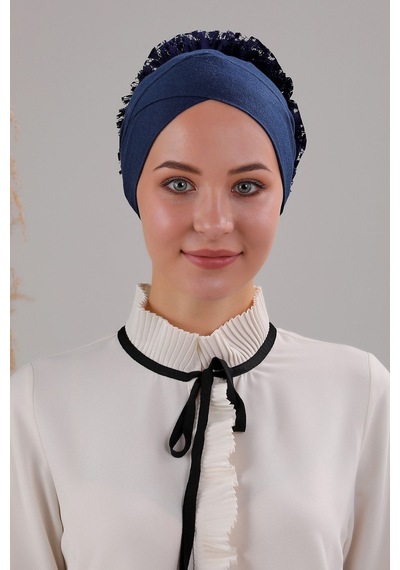 Melodi Scarf Tesettür Fırfırlı Çapraz Bone Lacivert Lacivert