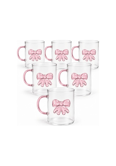 6 Lı 240 Ml Pembe Fiyonk Kurdele Detaylı Cam Kupa Seti Çay Kahve Bardağı Şeffaf