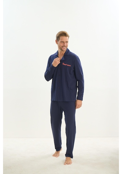 Sevim Erkek Uzun Kol Gömlek Yaka Önden Düğmeli Lacivert Pijama Takım C0t1n5o9 001