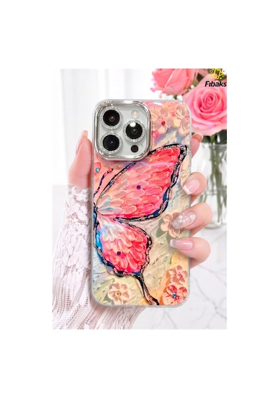 Fibaks iPhone 16 Pro Uyumlu Kılıf Renk Geçişli Taşlı Kamera Lens Korumalı Simli Pembe Kelebek Desenli Darbe Emici