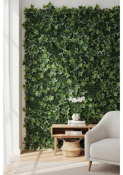 Yapay Çiçek Duvar Kaplama Panel Yeşilbeyaz Sarmaşık Hedera Tabaka 40x60cm Dik Duvar Uygulama Yeşil