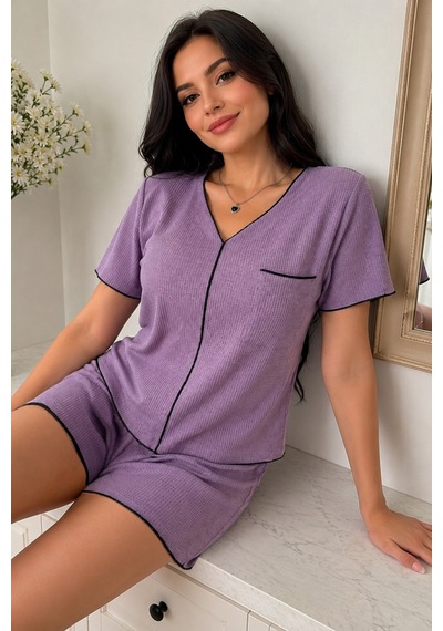 Bella Notte Mor Kısa Kollu V Yaka Biye Detaylı Pijama Takımı