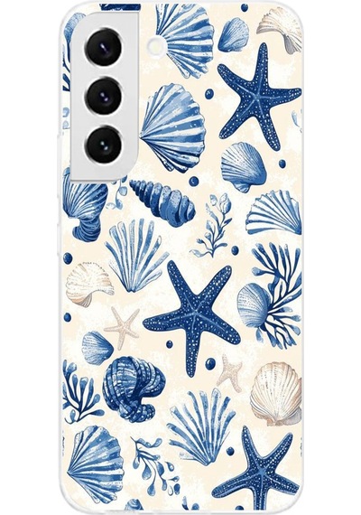 Samsung Galaxy S22 Uyumlu Mavi Deniz Kabuğu Ve Yıldız Desenli Baskılı Silikon Kılıf Renkli