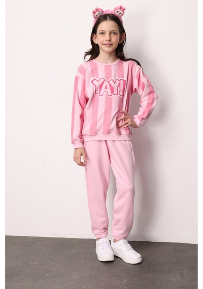 Le Mabelle Pembe Yay Baskılı Çizgili Kız Çocuk Eşofman Takımı - Phoebe Pembe