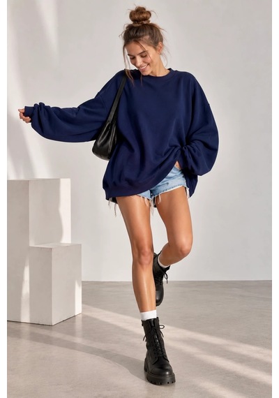 Bb Butik Basic 3 İplik Oversize Salaş Basic Sweatshirt Bisiklet Yaka My3535 Lacivert