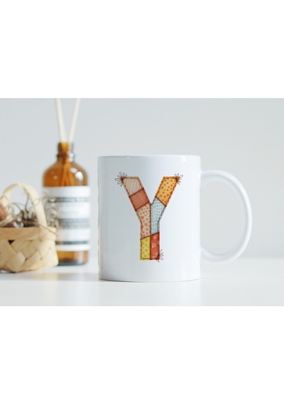 Y Harfi Renkli Yamalı Tasarım Kupa Bardak - Bohem Patchwork Desenli Kupa - Etnik Hediyelik Beyaz