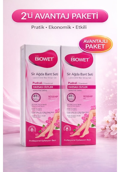 Biowet Pudralı Sir Ağda Bant Seti 41 Li Hassas Ciltler İçin Rosehip Vitamin E Epilasyon Seti 2 Paket