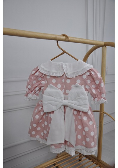 Puantiyeli Bebe Yakalı Arkası Fiyonklu Kız Çocuk Elbise Pembe