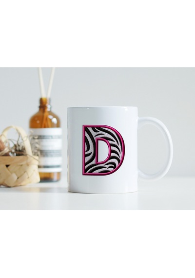 D Harfi Zebra Deseni Ve Pembe Kenarlı Kupa Bardak - Kişiye Özel Nakış Efektli - Siyah Beyaz Pembe Beyaz