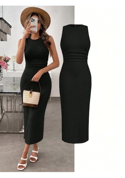 DefyModa Kadın Askılı Bisiklet Yaka Beli Büzgülü Uzun Bürümcük Elbise Siyah