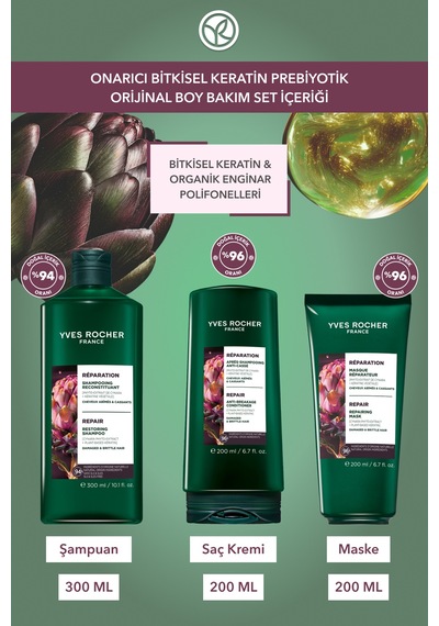 Yves Rocher Onarıcı Bitkisel Keratin Prebiyotik Orijinal Boy Bakım Seti -şampuan 300 Ml & Saç Kremi 200 Ml & Mas