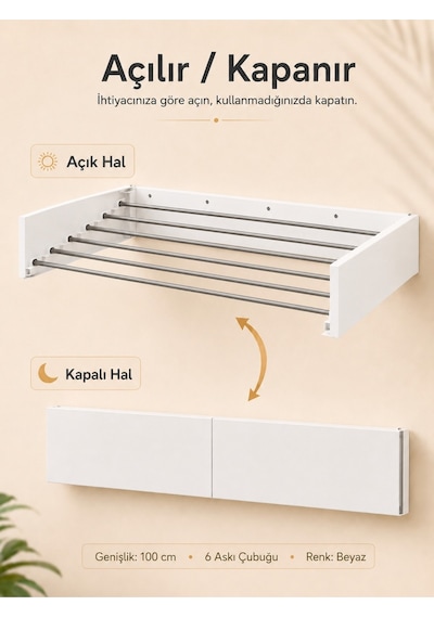 Çamaşır Kurutma Askılığı Katlanır Duvara Monte Balkon Banyo Askılık Duvar Tipi Yer Tasarruflu Çamaşırlık 70 Cm Belize Beyaz