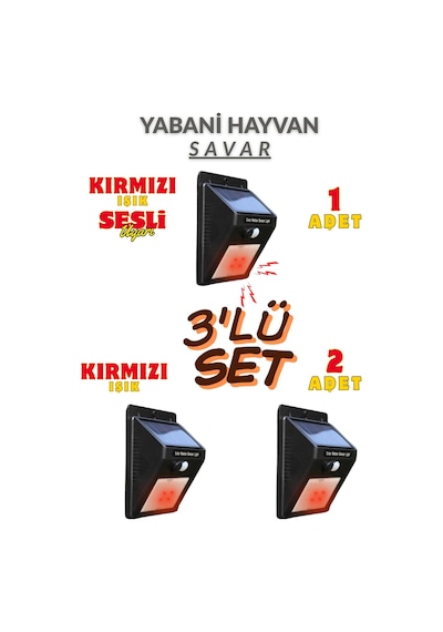 Domuz Kovucu Ayı Kovucu Işıklı Sesli Güneş Enerjili Sensörlü Solar Gece Gündüz Modlu 3'lü Karma Set