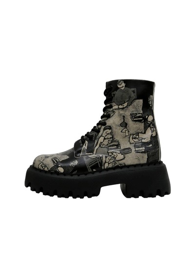 Kadın Vegan Deri Siyah Uzun Bot - Supper Black White Tasarım Multicolor