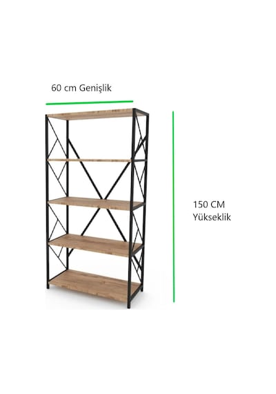 Tuliplife 5 Raflı Dekoratif Koyu Ceviz Metal Kitaplık, Tlpk05s.k
