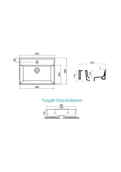 Aqua Bagno Plan Tezgah Üstü Kare Çanak Lavabo 50 x 38 CM