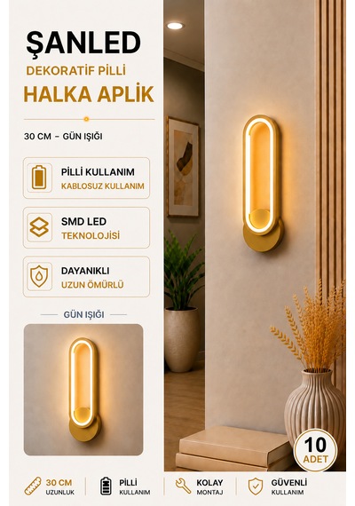 Dekoratif 20w Halka Modeli İç Mekan Gold Kasa Gün Işığı 30 Cm Duvar Aplik Pilli 10 Adet