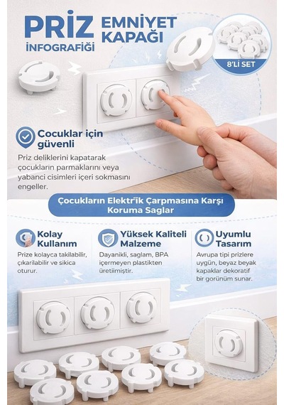 Çocuk Güvenlik Priz Koruyucu, 8 Adet Priz Tıkacı, Bebek Ve Çocuklar İçin Elektrik Prizi Koruma Kapağı, Beyaz, Koruyucu Tıkacı Seti